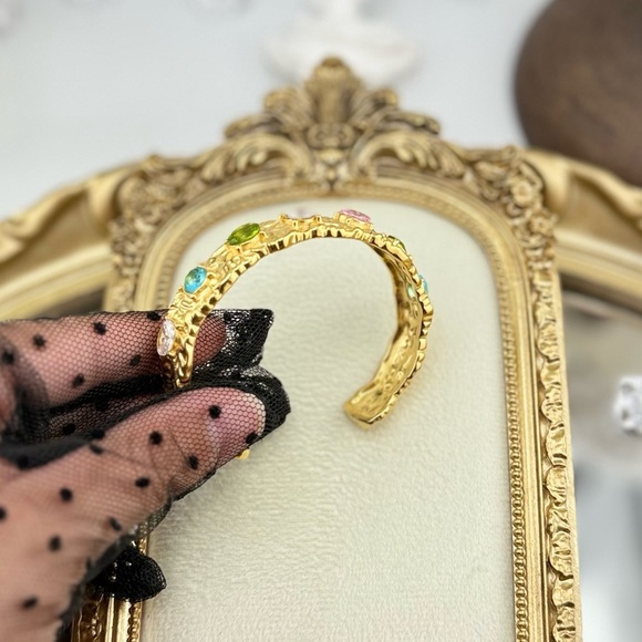 Colorful Gemstone Cuff Bracelet – 18K Gold Plated on Stainless Steel - Picture 7 of 10